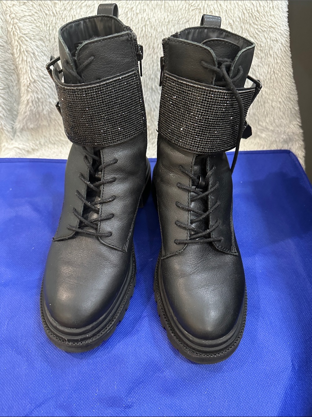 Aldo Black Lace-Up Combat Boots with Embellished Wrap Strap